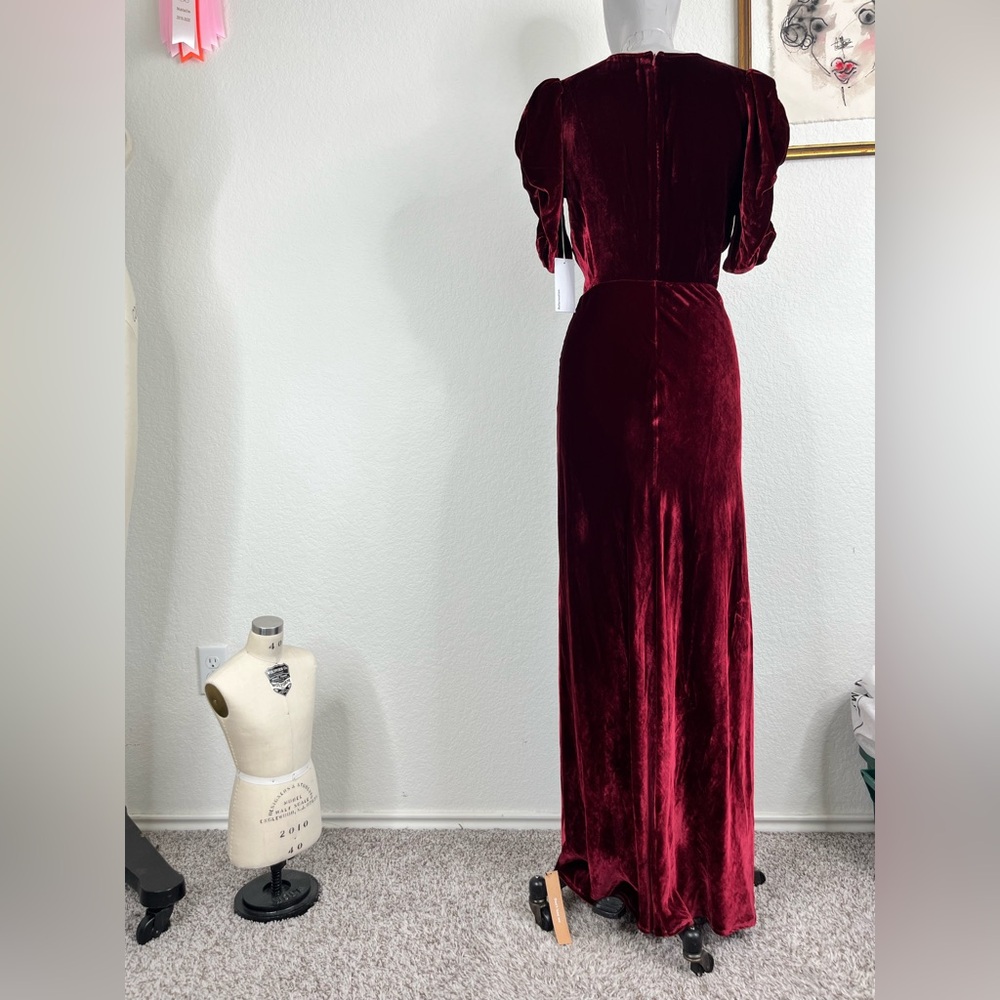 Reformation Malaga Velvet Dress in Chianti Lace Pouf Sleeve Plunge Neck Floor - Picture 8 of 14